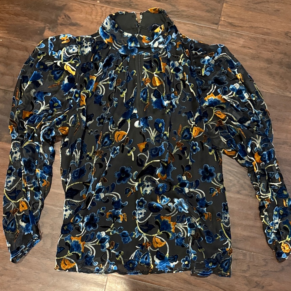 French connection Velvet Floral High-Neck Women’s Blouse in Black and Blue
